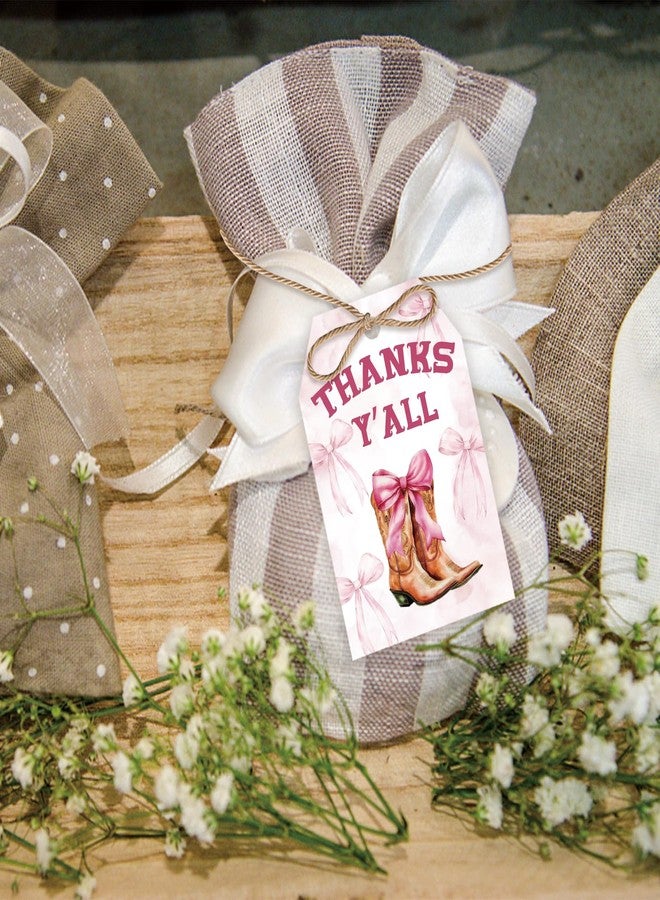 FORSHEEP 50pcs Pink Bow Cowgirl Thank You Tags, Western Cowgirl Gift Tag with String for Girl Birthday, Coquette Boots Thank You Paper Tags for Western Themed Party Favors - Image 5